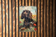 a painting of a dog on a wooden wall
