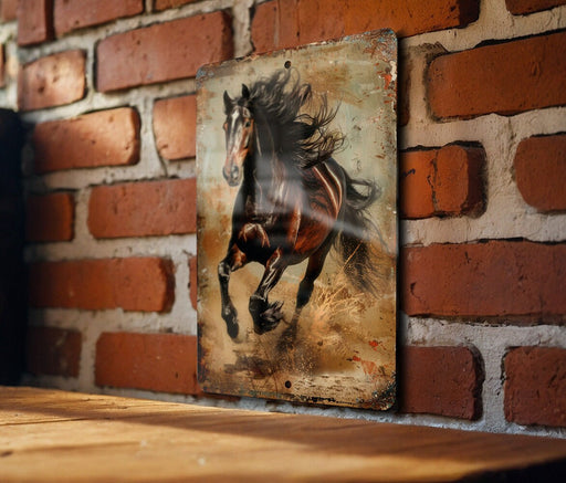 a painting of a running horse on a brick wall
