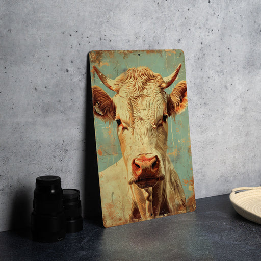 a painting of a cow is on a table