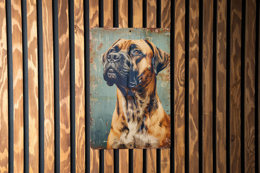 a painting of a dog on a wooden wall