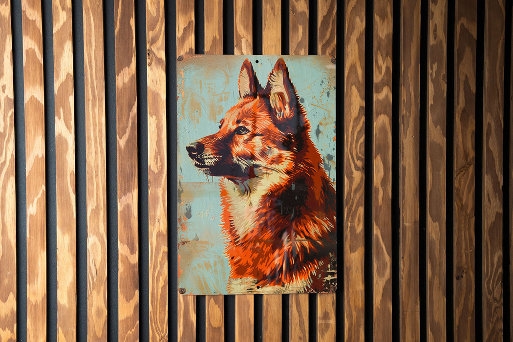 a painting of a dog on a wooden wall