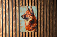 a painting of a dog on a wooden wall