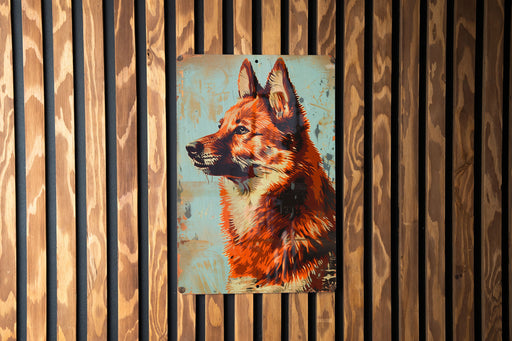 a painting of a dog on a wooden wall
