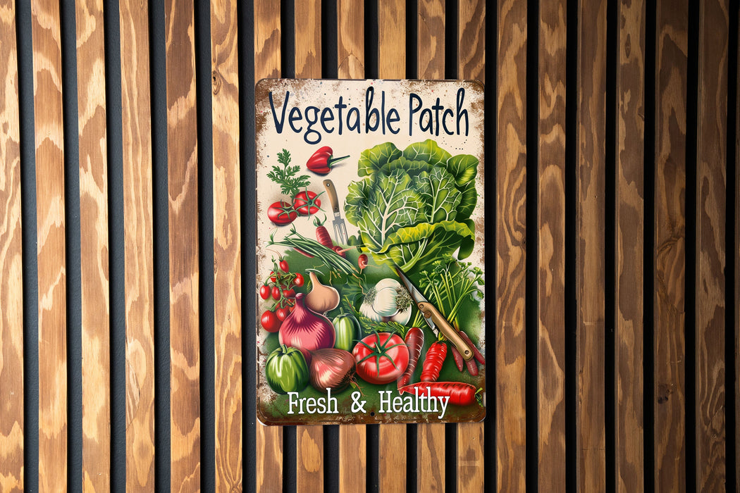 a vegetable patch sign hanging on a wooden wall