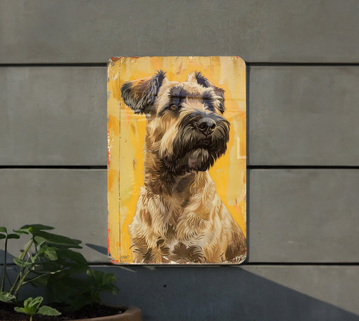 a painting of a dog on a yellow background