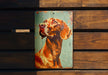 a picture of a dog on a wooden bench