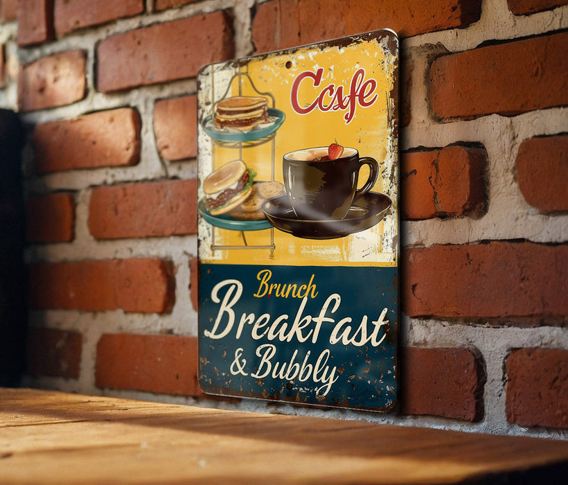 a sign on a brick wall with a cup of coffee