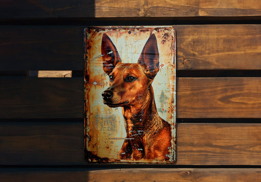 a rusted metal sign with a picture of a dog on it