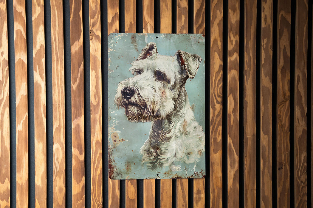 a painting of a dog on a wooden wall