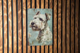 a painting of a dog on a wooden wall