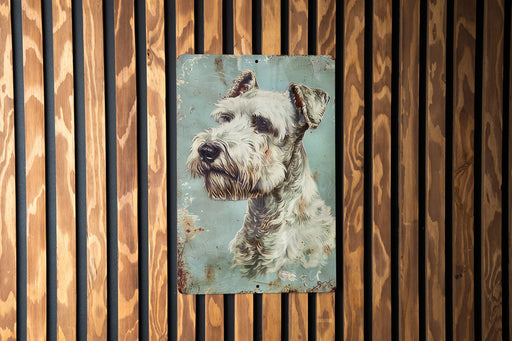 a painting of a dog on a wooden wall