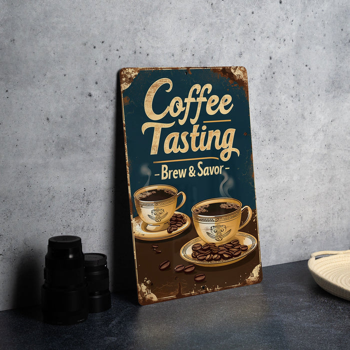 a sign that says coffee tasting and two cups of coffee