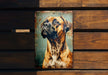 a painting of a dog on a wooden wall