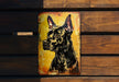 a painting of a dog on a wooden bench