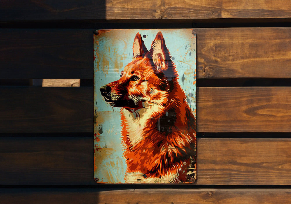 a picture of a dog on a rusted metal sign