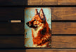 a picture of a dog on a rusted metal sign