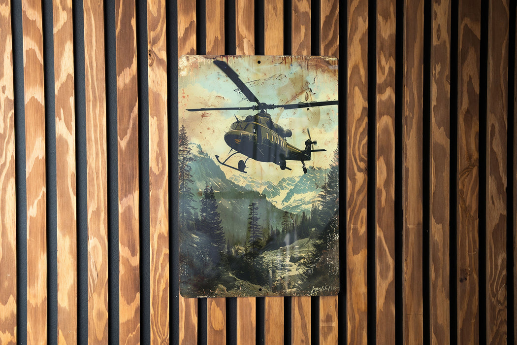a painting of a helicopter flying over a forest