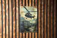 a painting of a helicopter flying over a forest