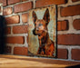 a picture of a dog on a brick wall