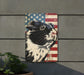 a picture of a black and white cat with an american flag background