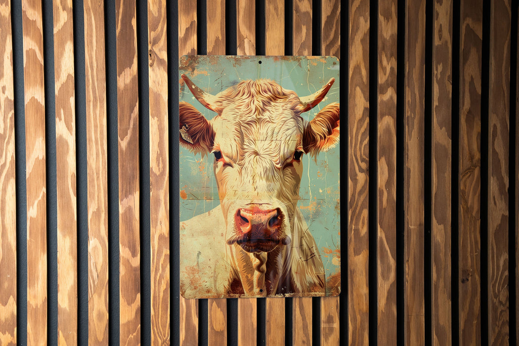 a painting of a cow on a wooden wall