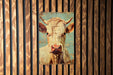 a painting of a cow on a wooden wall