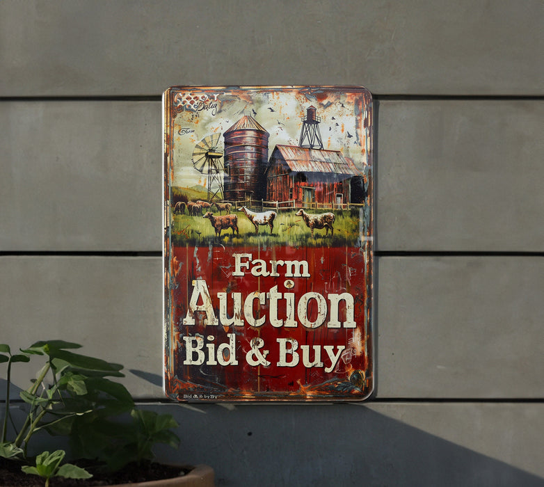 a farm auction sign on the side of a building