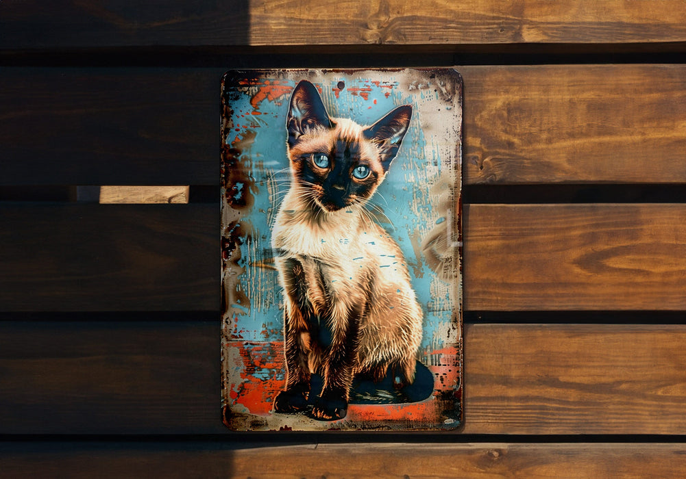 a picture of a siamese cat on a wooden wall