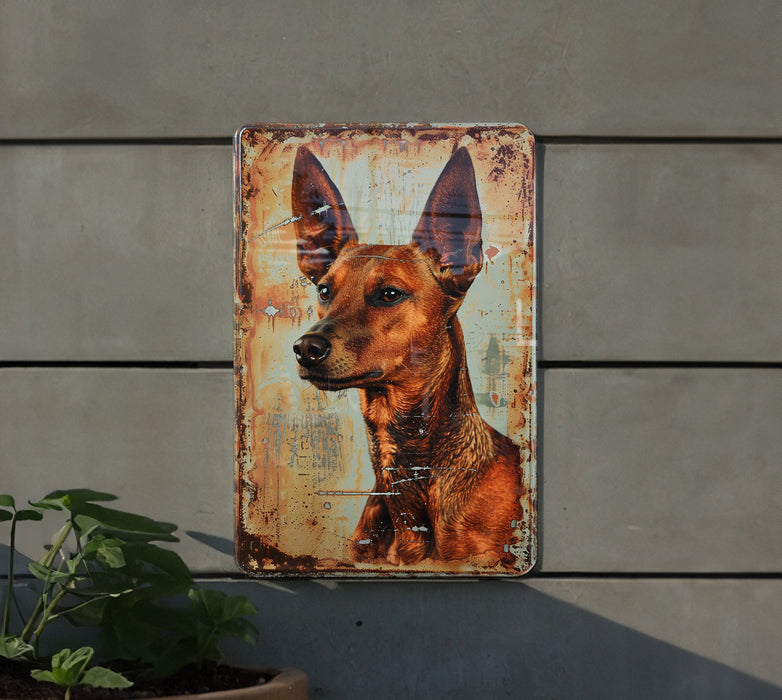 a rusted metal sign with a picture of a dog on it