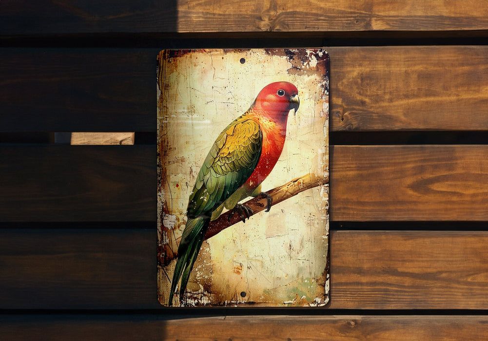 a colorful bird sitting on top of a wooden bench