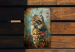 a picture of a cat on a wooden bench