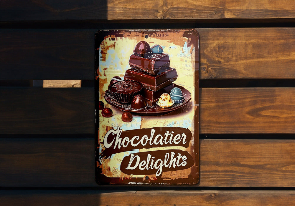 a sign on a wooden wall that says chocolate delights