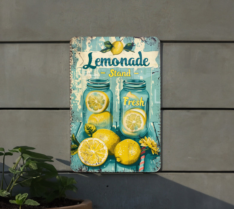 a picture of a lemonade sign on the side of a building