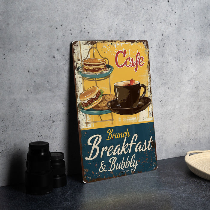 a sign on a table with a cup of coffee