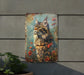 a painting of a cat on a wall next to a potted plant