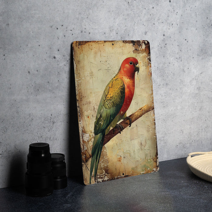 a bird sitting on a branch next to a plate