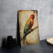 a bird sitting on a branch next to a plate