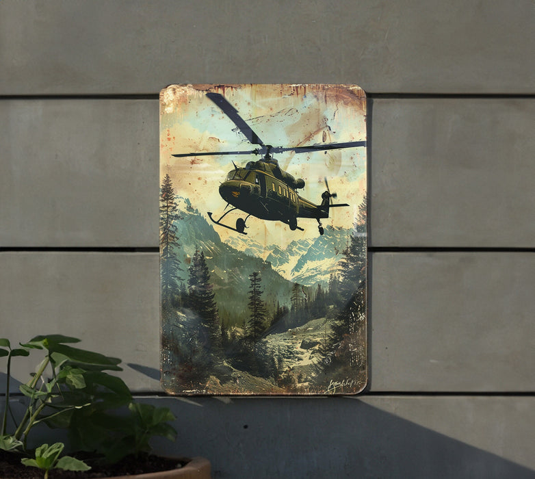 a painting of a helicopter flying over a forest