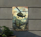 a painting of a helicopter flying over a forest