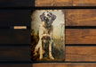 a picture of a dog sitting on a wooden bench