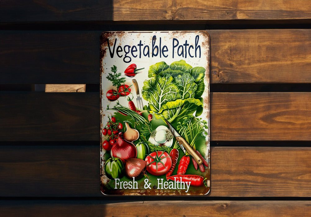 a vegetable patch sign hanging on a wooden wall