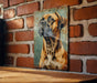 a picture of a dog on a brick wall