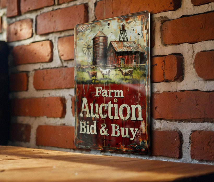 a sign on a brick wall that says farm auction bid and buy