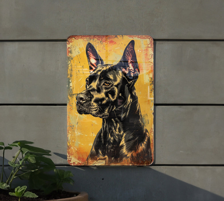 a painting of a dog on a yellow background
