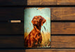 a picture of a brown dog on a wooden bench