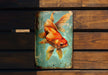 a painting of a goldfish on a wooden wall