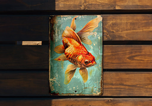 a painting of a goldfish on a wooden wall