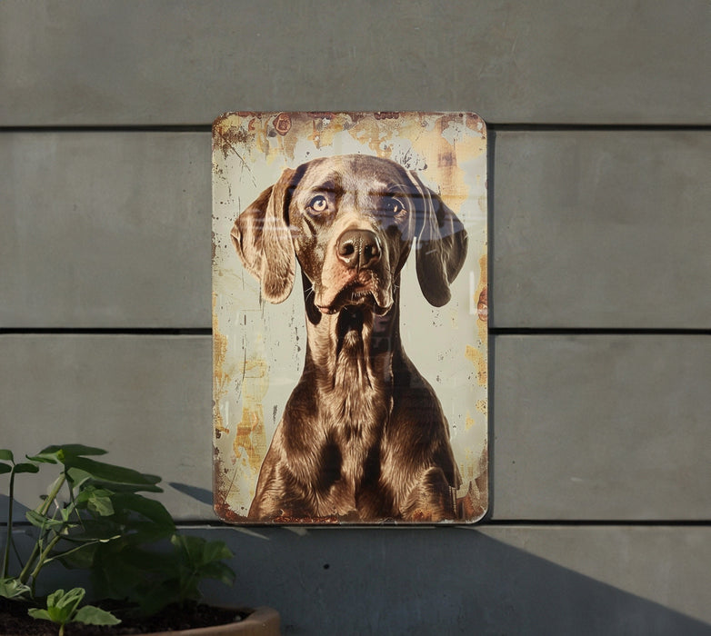 a metal sign with a dog's face on it