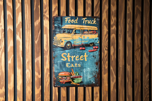 a sign on a wooden wall that says food truck street eats