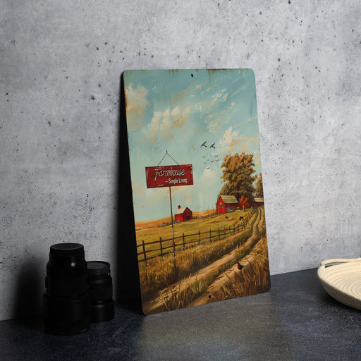 a painting of a farm scene with a red sign